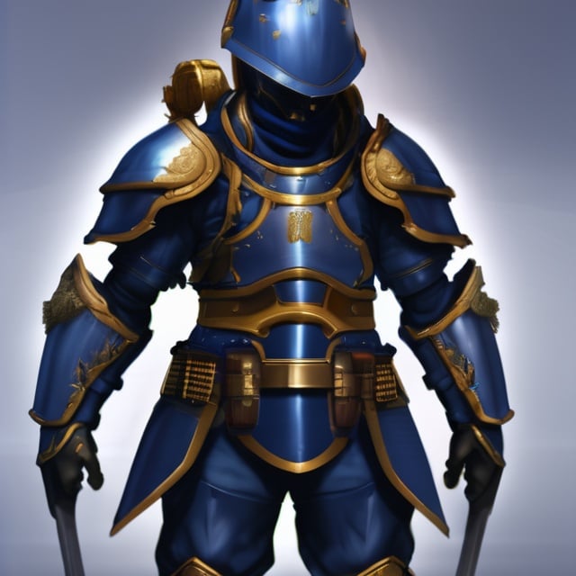 Prompt: Design a paranoia soldier in armor, whose rank is indigo, his armor is generally indigo, malformed, realistic, 4k, ultra HD