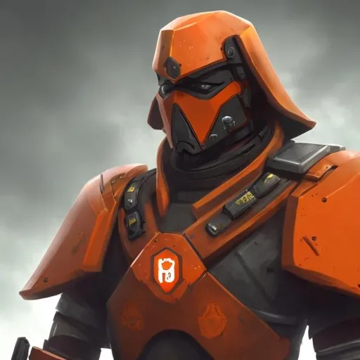 Prompt: Design a paranoia soldier in armor, , whose rank is orange, his armor is generally orange, realistic, 4k, ultra HD