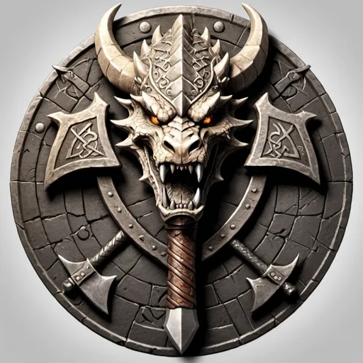 Prompt: Design a logo for a "Dwarven Dragonslayer Troop." The logo should be a circular emblem with a rugged, ancient feel. At the center, depict a stylized dragon's head, snarling, with its mouth open wide. The dragon's scales are intricate, and its eyes are fierce, giving a sense of power and menace. A large, crossed dwarven axe and hammer are placed behind the dragon's head, symbolizing the troop's strength and skill in battle. The handles of the weapons are engraved with dwarven runes.