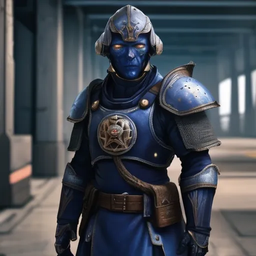 Prompt: Design a paranoia soldier in worn armor, no helmet, whose rank is indigo, his armor is generally indigo, malformed, mutated human, realistic, 4k, ultra HD