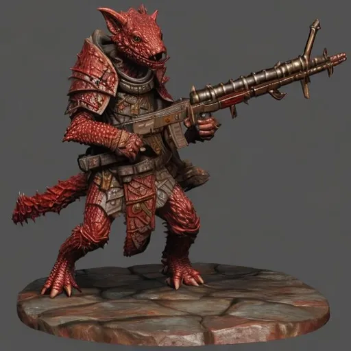 Prompt: Beautiful Kobold Rifle bearer for DND 5E, mostly red in parts colorful scales, realistic, 4k, ultra hd