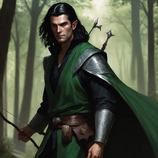 Prompt: dnd 5e, warlock, human variant, handsome, long black haired, young, green robe, Silvery illustration, Longbow, realistic, 4k, ultra HD