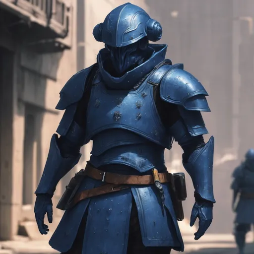 Prompt: Design a paranoia soldier in worn armor, whose rank is indigo, his armor is generally indigo, malformed, mutated human, realistic, 4k, ultra HD