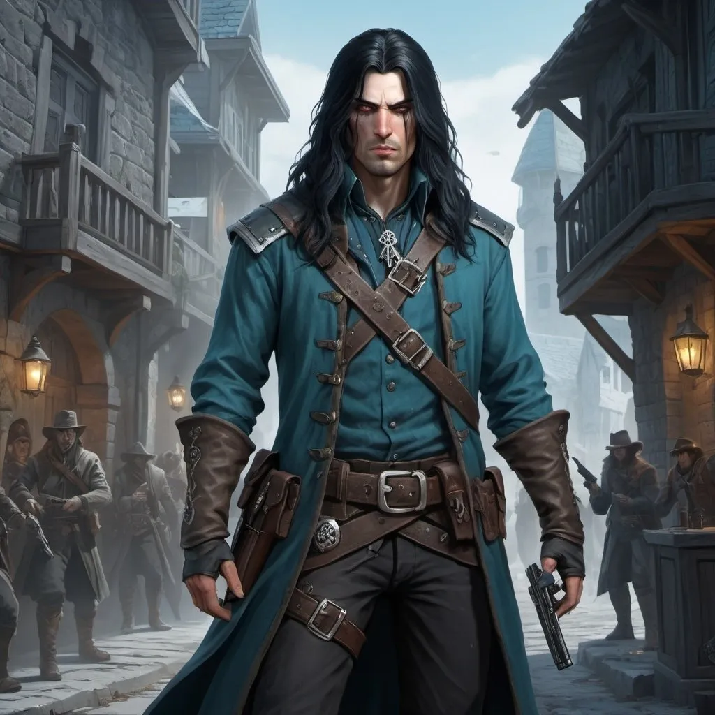 Prompt: dnd5e, awakened undead, Ranger Burghal Explorer with long black hair, fine clothes, and ice-blue eyes, armed with pepperbox pistols, realistic, 4k, ultra HD, detailed, DnD 5e, city setting, detailed eyes, epic fantasy, high-quality rendering, atmospheric lighting