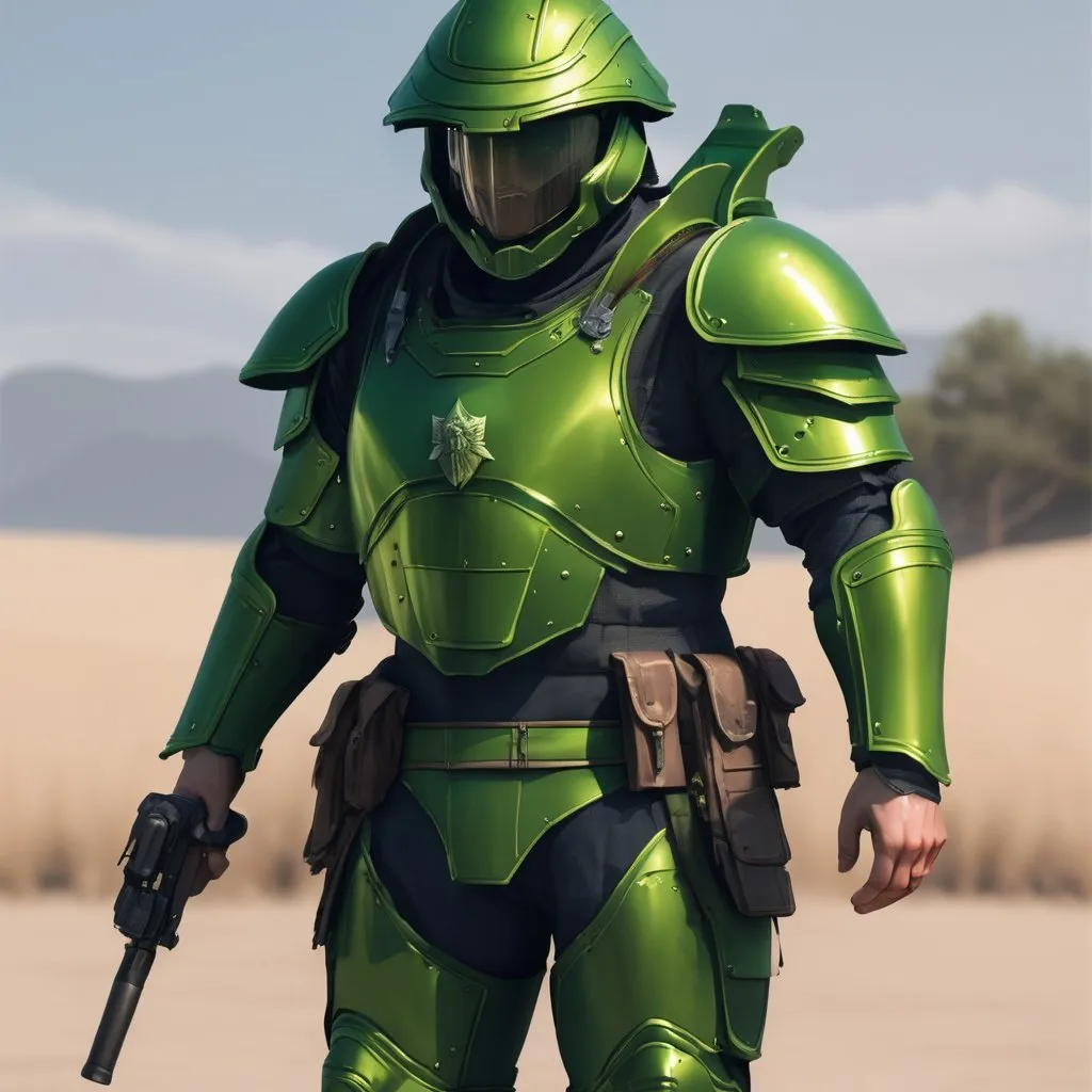 Prompt: Design a paranoia soldier in armor, no helmet, whose rank is green, his armor is generally green, realistic, 4k, ultra HD