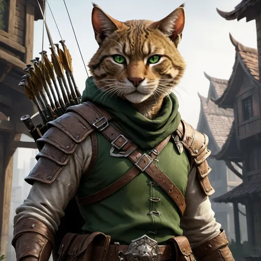 Prompt: dnd5e, Tabaxi, Ranger, fine clothes, and dark green eyes, armed with 2 hand crossbow, realistic weapons, detailed weapons, realistic, 4k, ultra HD, detailed, DnD 5e, city setting, detailed eyes, epic fantasy, high-quality rendering, atmospheric lighting, intense gaze, professional rendering, atmospheric lighting, detailed facial features, intense expression, detailed weaponry, realistic shadows, professional, detailed textures,