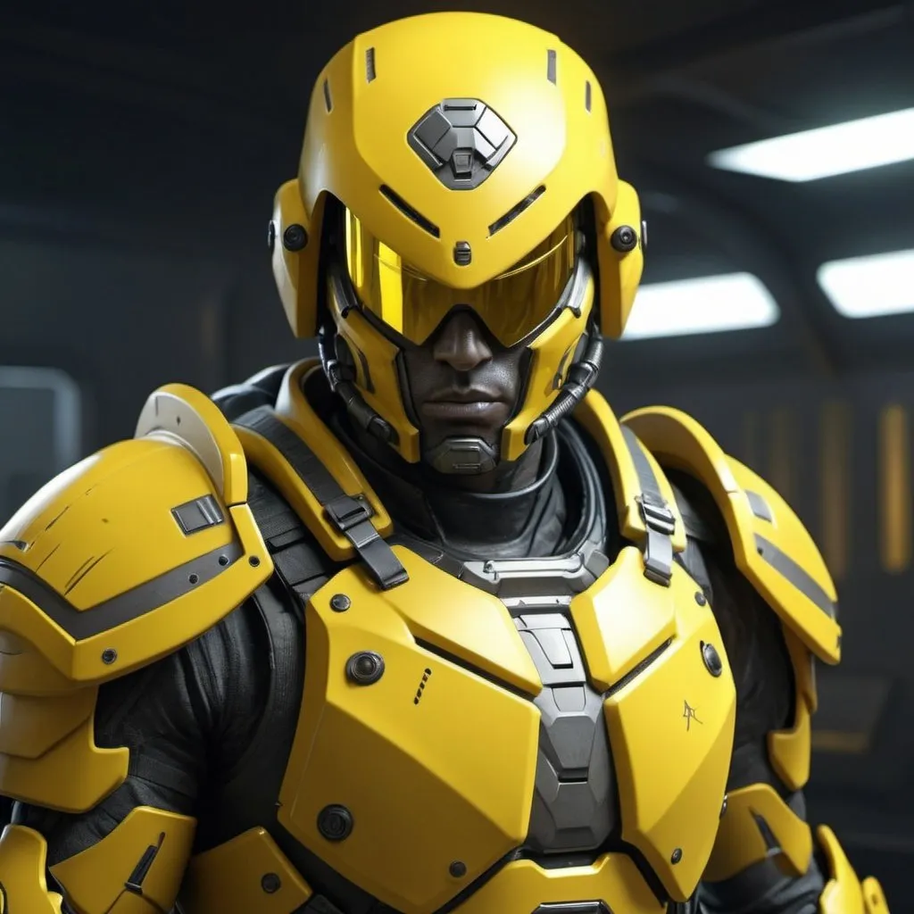 Prompt: Paranoia soldier in yellow armor, realistic, 4k, ultra HD, detailed armor, intense gaze, futuristic military setting, professional rendering, atmospheric lighting, detailed facial features, intense expression, military rank insignia, detailed weaponry, high quality, armor with reflective surfaces, realistic shadows, professional, yellow color tones, detailed textures, futuristic technology