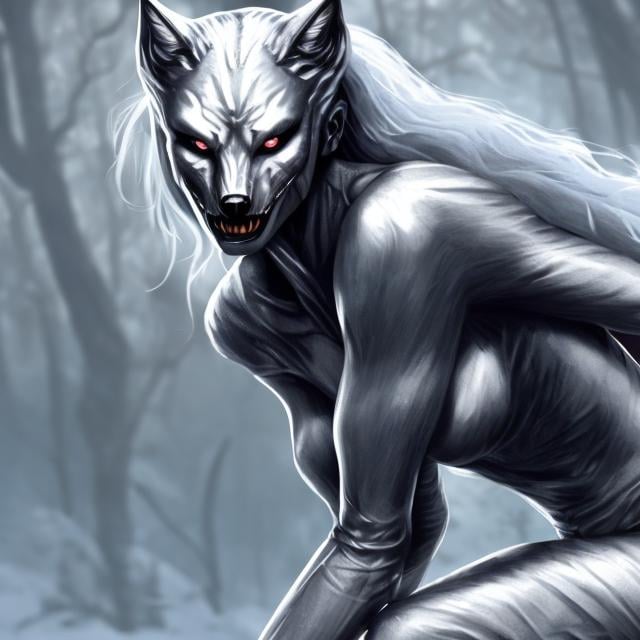 Prompt: silvery illustrated werewolf female, full body, full hd, 4k, realistic, 