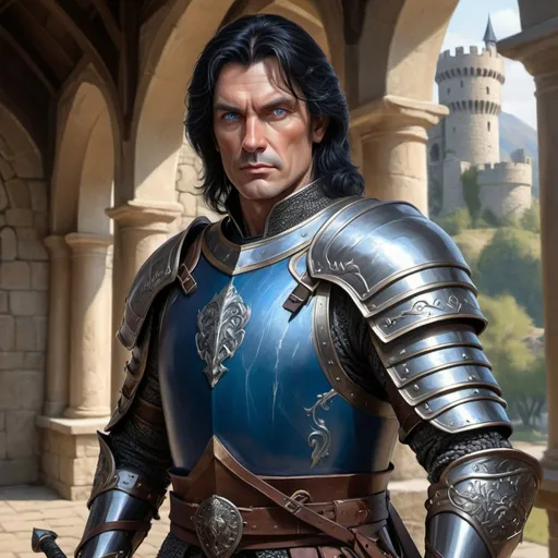 Prompt: handsome human Lord 54 years old in light plate armor with black hair, blue eyes, a longsword, realistic, 4k, ultra HD, detailed, DnD 5e, young, castle setting, detailed eyes, epic fantasy, high-quality rendering, atmospheric lighting