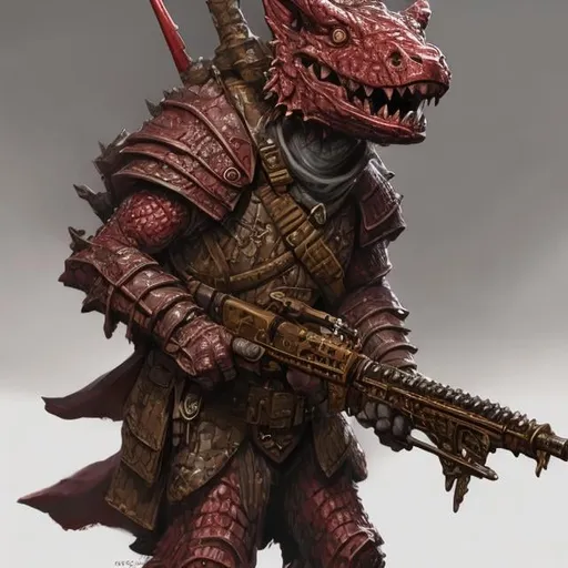 Prompt: Beautiful Kobold Rifle bearer for DND 5E, mostly red but in parts chromatic scales, realistic, 4k, ultra hd