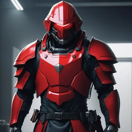 Prompt: Design a paranoia soldier in armor, whose rank is red, his armor is generally red, with no helmet, human, realistic, 4k, ultra HD