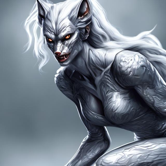 Prompt: silvery illustrated werewolf female, full body, full hd, 4k, realistic, 