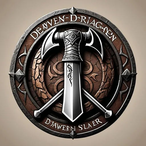 Prompt: Design a logo for a "Dwarven Dragonslayer Troop." The logo should be a circular emblem with a rugged, ancient feel. A large, crossed dwarven axe and hammer are placed behind the dragon's head, symbolizing the troop's strength and skill in battle. The handles of the weapons are engraved with dwarven runes.