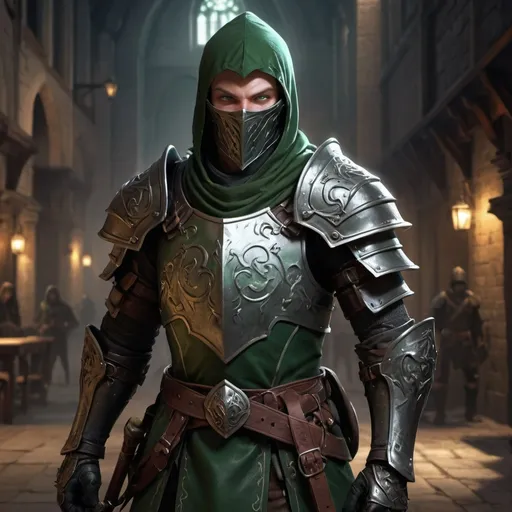 Prompt: dnd5e, Human, eldritch knight fighter, Fullplaye armor, without helmet, dark green eyes, armed with sword and shield, realistic weapons, detailed weapons, fullbody, realistic, 4k, ultra HD, detailed, DnD 5e, city setting, detailed eyes, epic fantasy, high-quality rendering, atmospheric lighting, intense gaze, professional rendering, atmospheric lighting, detailed facial features, intense expression, detailed weaponry, realistic shadows, professional, detailed textures,