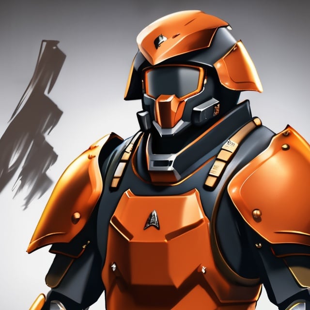 Prompt: Design a paranoia soldier in armor, , whose rank is orange, his armor is generally orange, realistic, 4k, ultra HD