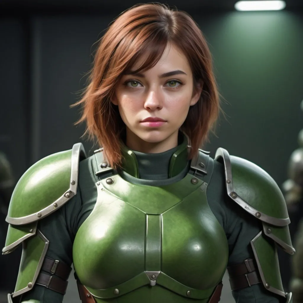 Prompt: Design a paranoia soldier in armor, no helmet, whose rank is green, female, her armor is generally green, realistic, 4k, ultra HD