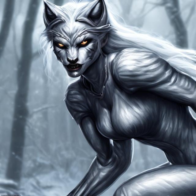 Prompt: silvery illustrated werewolf female, full body, full hd, 4k, realistic, 