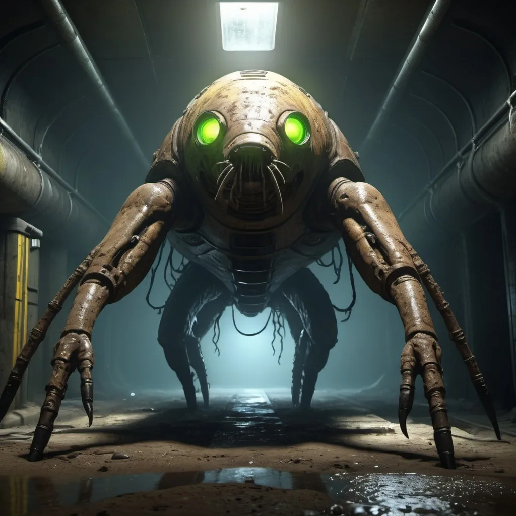 Prompt: giant radioactive radroach, marks indicating radioactivity, fullbody, realistic, 4k, ultra HD, detailed, sewer setting, sci-fi, high-quality rendering, atmospheric lighting, intense gaze, professional rendering, atmospheric lighting, detailed facial features, intense expression, realistic shadows, professional, detailed textures,