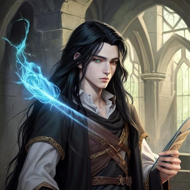 Prompt: DnD style, long black haired, young human male wizard, ultra realistic, green eyes, 
