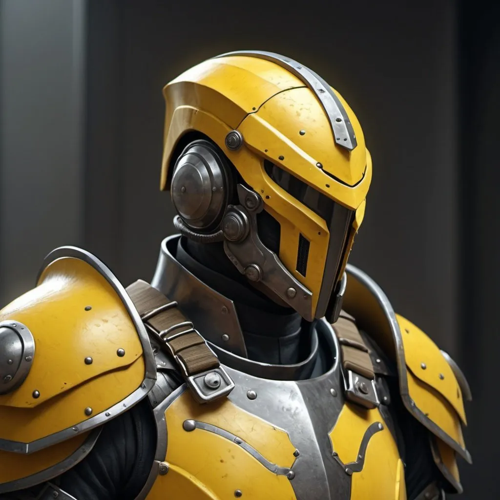 Prompt: Design a paranoia soldier in armor, no helmet, whose rank is yellow, his armor is generally yellow, realistic, 4k, ultra HD