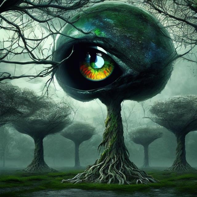 Prompt: Eye Tree Forest, science fiction, realistic, full HD