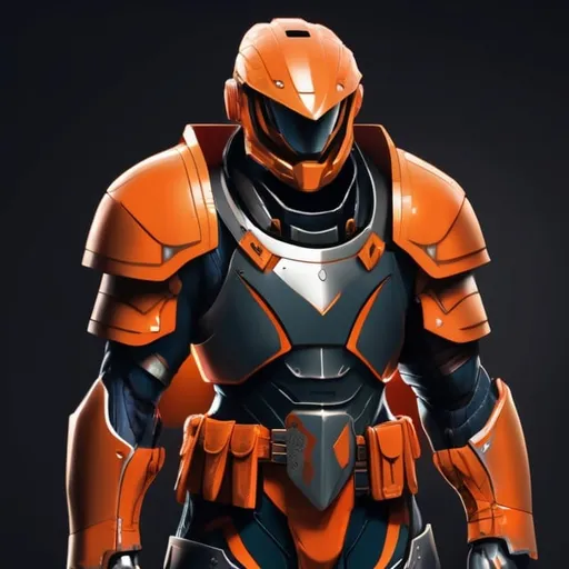 Prompt: Design a paranoia soldier in armor, , whose rank is orange, his armor is generally orange, realistic, 4k, ultra HD