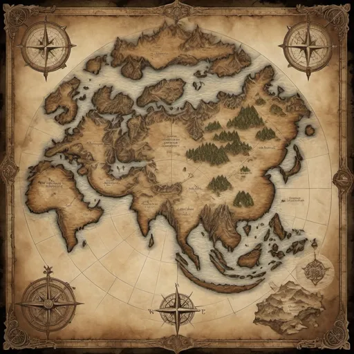 Prompt: world map for DnD, fantasy theme, medieval aesthetics, intricate details, ancient parchment texture, elaborate borders, muted earthy tones, sepia and dusty browns, atmospheric and mystical mood, sharp outlines, mystical symbols and runes, antique navigational lines, castles and mythical lands, mystical forests, dragon lairs, high-resolution, ultra-detailed, vibrant lore-rich representation, visually immersive, detailed compass rose, labeled continents and oceans.