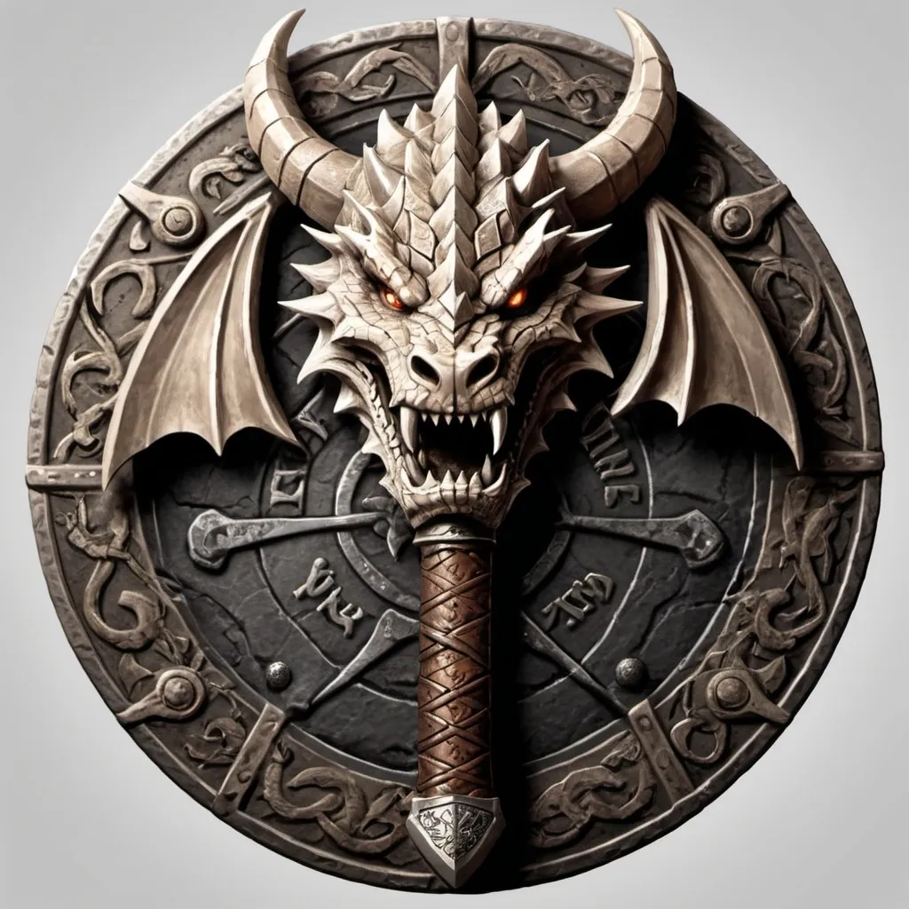 Prompt: Design a logo for a "Dwarven Dragonslayer Troop." The logo should be a circular emblem with a rugged, ancient feel. At the center, depict a stylized dragon's head, snarling, with its mouth open wide. The dragon's scales are intricate, and its eyes are fierce, giving a sense of power and menace. A large, crossed dwarven axe and hammer are placed behind the dragon's head, symbolizing the troop's strength and skill in battle. The handles of the weapons are engraved with dwarven runes.