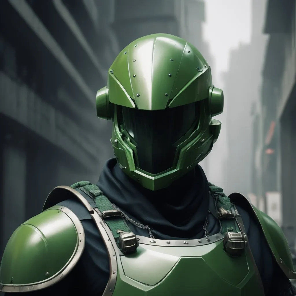 Prompt: Design a paranoia soldier in armor, no helmet, whose rank is green, his armor is generally green, realistic, 4k, ultra HD