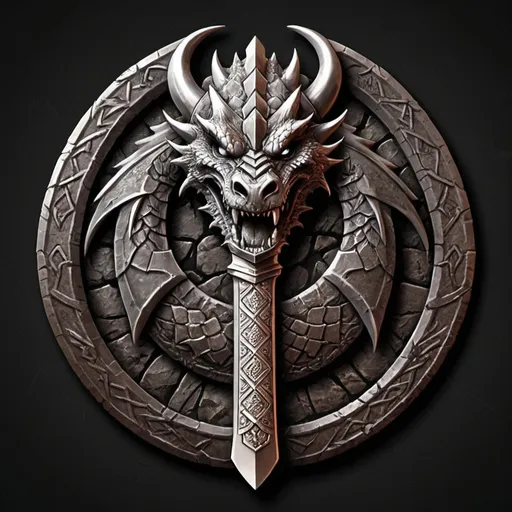 Prompt: Design a logo for a "Dwarven Dragonslayer Troop." The logo should be a circular emblem with a rugged, ancient feel. At the center, depict a stylized dragon's head, snarling, with its mouth open wide. The dragon's scales are intricate, and its eyes are fierce, giving a sense of power and menace. A large, crossed dwarven axe and hammer are placed behind the dragon's head, symbolizing the troop's strength and skill in battle. The handles of the weapons are engraved with dwarven runes.