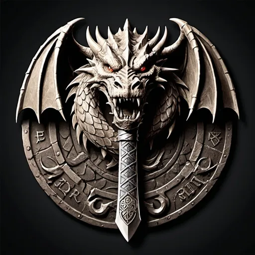 Prompt: Design a logo for a "Dwarven Dragonslayer Troop." The logo should be a circular emblem with a rugged, ancient feel. At the center, depict a stylized dragon's head, snarling, with its mouth open wide. The dragon's scales are intricate, and its eyes are fierce, giving a sense of power and menace. A large, crossed dwarven axe and hammer are placed behind the dragon's head, symbolizing the troop's strength and skill in battle. The handles of the weapons are engraved with dwarven runes.