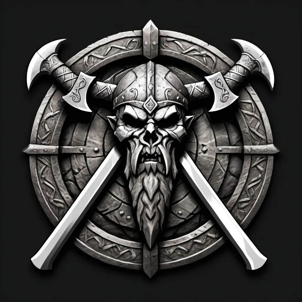 Prompt: Design a logo for a "Dwarven Dragonslayer Troop." The logo should be a circular emblem with a rugged, ancient feel. A large, crossed dwarven axe and hammer are placed behind the dragon's head, symbolizing the troop's strength and skill in battle. The handles of the weapons are engraved with dwarven runes.