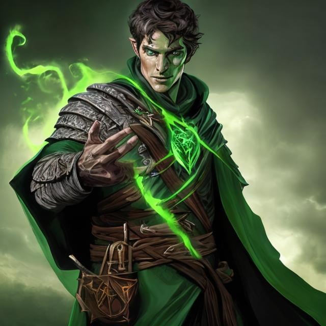 Prompt: dnd 5e, warlock, human variant, green robe, Longbow, realistic, 4k, ultra HD