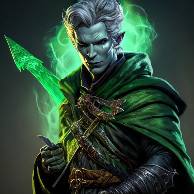 Prompt: dnd 5e, warlock, human variant, green robe, Silvery illustration, Longbow, realistic, 4k, ultra HD