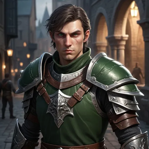 Prompt: dnd5e, Human, eldritch knight fighter, Fullplaye armor, without helmet, dark green eyes, armed with sword and shield, realistic weapons, detailed weapons, fullbody, realistic, 4k, ultra HD, detailed, DnD 5e, city setting, detailed eyes, epic fantasy, high-quality rendering, atmospheric lighting, intense gaze, professional rendering, atmospheric lighting, detailed facial features, intense expression, detailed weaponry, realistic shadows, professional, detailed textures,