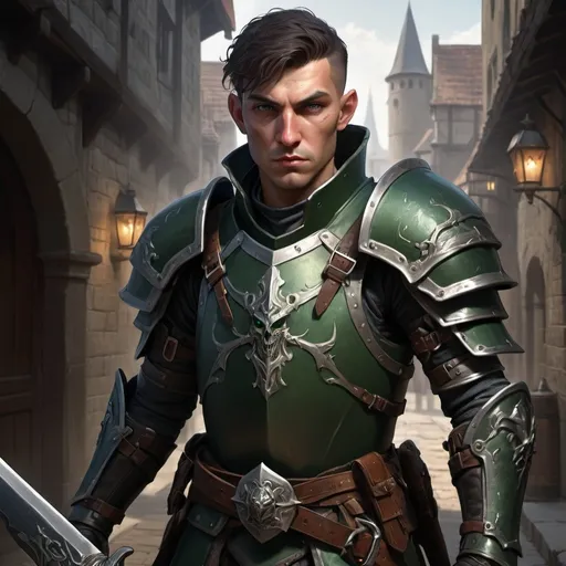 Prompt: dnd5e, Human, eldritch knight fighter, Fullplaye armor, without helmet, dark green eyes, armed with sword and shield, realistic weapons, detailed weapons, fullbody, realistic, 4k, ultra HD, detailed, DnD 5e, city setting, detailed eyes, epic fantasy, high-quality rendering, atmospheric lighting, intense gaze, professional rendering, atmospheric lighting, detailed facial features, intense expression, detailed weaponry, realistic shadows, professional, detailed textures,