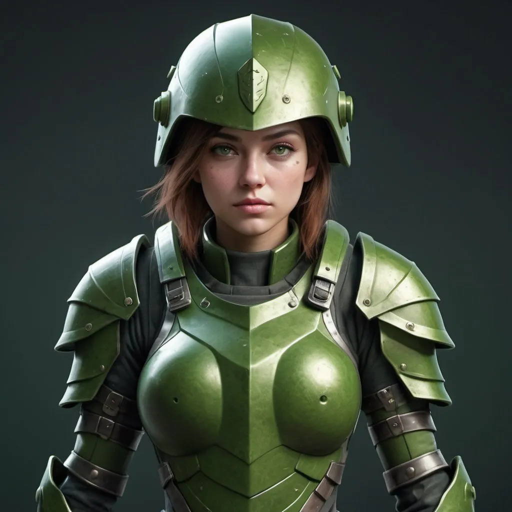 Prompt: Design a paranoia soldier in armor, no helmet, whose rank is green, female, her armor is generally green, realistic, 4k, ultra HD