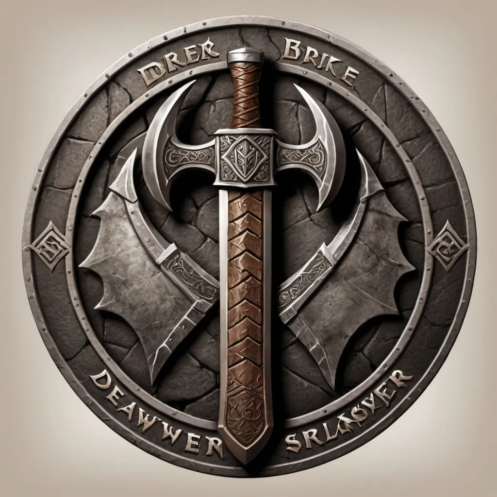 Prompt: Design a logo for a "Dwarven Dragonslayer Troop." The logo should be a circular emblem with a rugged, ancient feel. A large, crossed dwarven axe and hammer are placed behind the dragon's head, symbolizing the troop's strength and skill in battle. The handles of the weapons are engraved with dwarven runes.