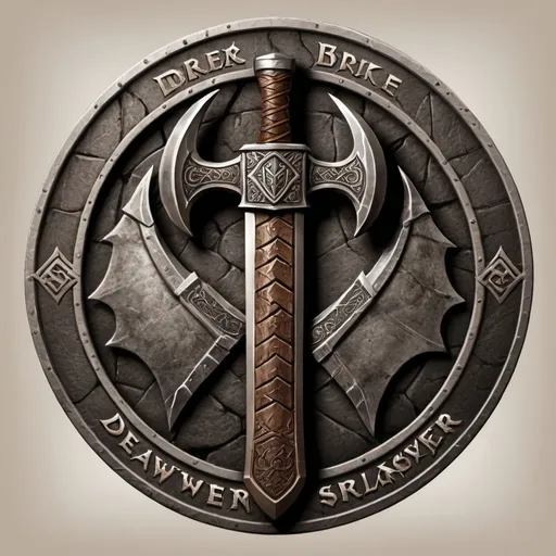 Prompt: Design a logo for a "Dwarven Dragonslayer Troop." The logo should be a circular emblem with a rugged, ancient feel. A large, crossed dwarven axe and hammer are placed behind the dragon's head, symbolizing the troop's strength and skill in battle. The handles of the weapons are engraved with dwarven runes.