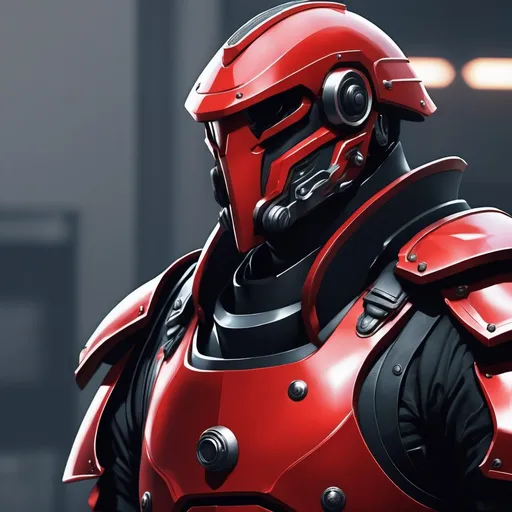 Prompt: Design a paranoia soldier in armor, , whose rank is red, his armor is generally red, realistic, 4k, ultra HD