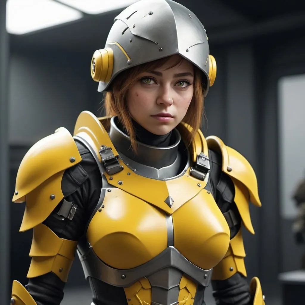 Prompt: Design a paranoia soldier in armor, no helmet, whose rank is yellow, female, her armor is generally yellow, realistic, 4k, ultra HD