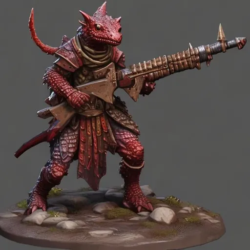 Prompt: Beautiful Kobold Rifle bearer for DND 5E, mostly red in parts colorful scales, realistic, 4k, ultra hd