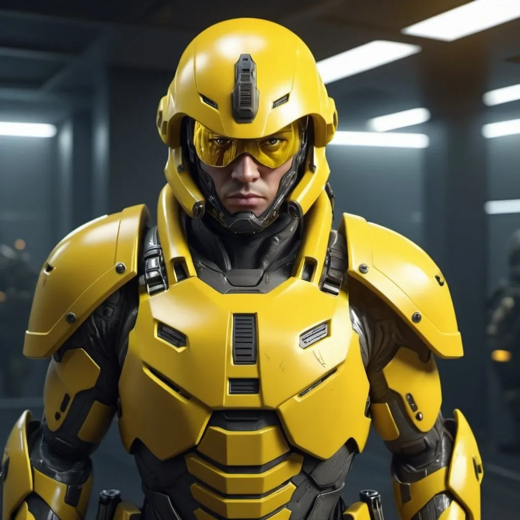 Prompt: Paranoia soldier in yellow armor, realistic, 4k, ultra HD, detailed armor, intense gaze, futuristic military setting, professional rendering, atmospheric lighting, detailed facial features, intense expression, military rank insignia, detailed weaponry, high quality, armor with reflective surfaces, realistic shadows, professional, yellow color tones, detailed textures, futuristic technology