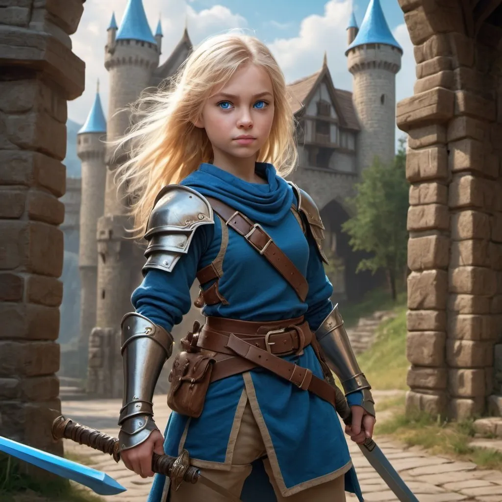 Prompt: cute human Lady fighter 8 years old blonde hair, blue eyes, carrying wooden shortsword, 4k, ultra HD, detailed, DnD 5e, castle setting, detailed eyes, epic fantasy, high-quality rendering, atmospheric lighting