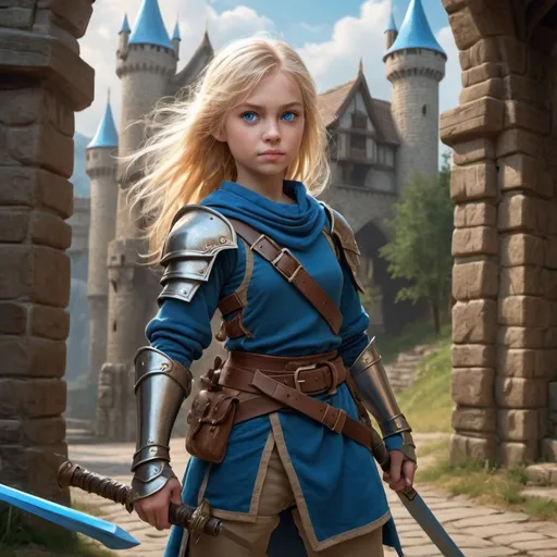 Prompt: cute human Lady fighter 8 years old blonde hair, blue eyes, carrying wooden shortsword, 4k, ultra HD, detailed, DnD 5e, castle setting, detailed eyes, epic fantasy, high-quality rendering, atmospheric lighting