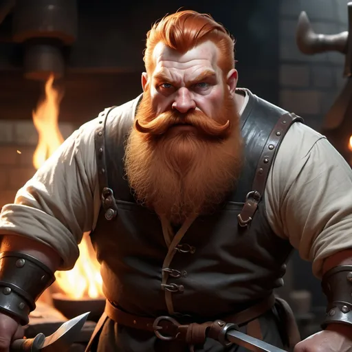 Prompt: dnd5e, dwarf, blacksmith, beating red hot iron, ginger hair, ginger facial hair,  fullbody, realistic, 4k, ultra HD, detailed, DnD 5e, blacksmith setting, detailed eyes, epic fantasy, high-quality rendering, atmospheric lighting, intense gaze, professional rendering, atmospheric lighting, detailed facial features, intense expression, detailed workshop, realistic shadows, professional, detailed textures,