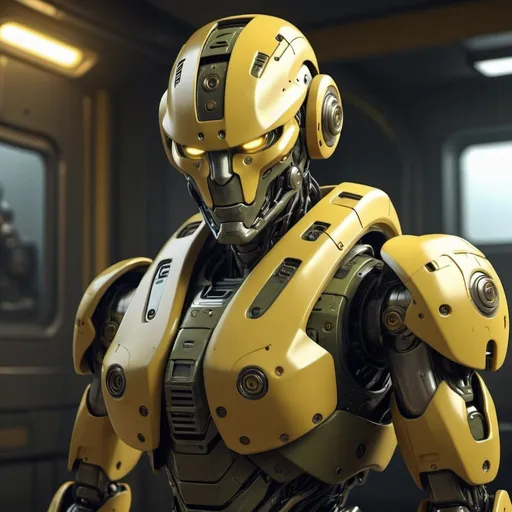 Prompt: Paranoia robot, realistic, 4k, ultra HD, detailed khaki armor, intense gaze, futuristic military setting, professional rendering, atmospheric lighting, detailed facial features, intense expression, military rank insignia, detailed weaponry, high quality, armor with reflective surfaces, realistic shadows, professional, yellow color tones, detailed textures, futuristic technology