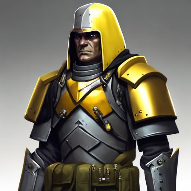 Prompt: Design a paranoia soldier in armor no helmet, whose rank is yellow, his armor is generally yellow, realistic, 4k, ultra HD