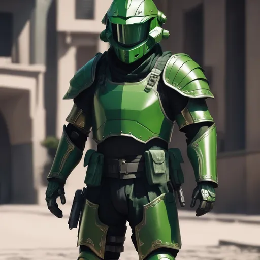 Prompt: Design a paranoia soldier in armor, no helmet, whose rank is green, his armor is generally green, realistic, 4k, ultra HD