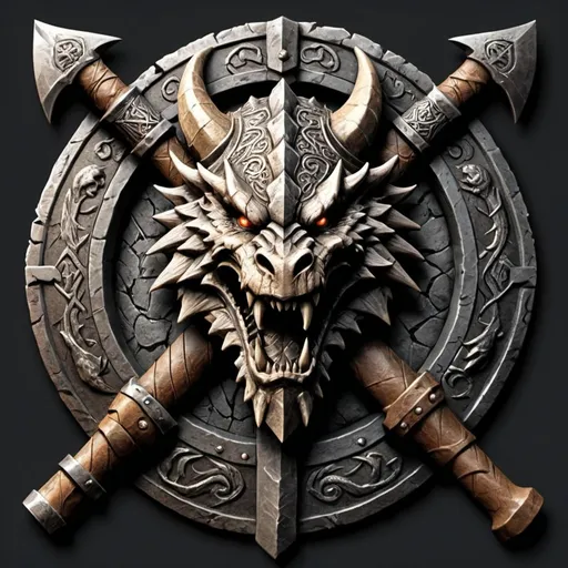 Prompt: Design a logo for a "Dwarven Dragonslayer Troop." The logo should be a circular emblem with a rugged, ancient feel. At the center, depict a stylized dragon's head, snarling, with its mouth open wide. The dragon's scales are intricate, and its eyes are fierce, giving a sense of power and menace. A large, crossed dwarven axe and hammer are placed behind the dragon's head, symbolizing the troop's strength and skill in battle. The handles of the weapons are engraved with dwarven runes.